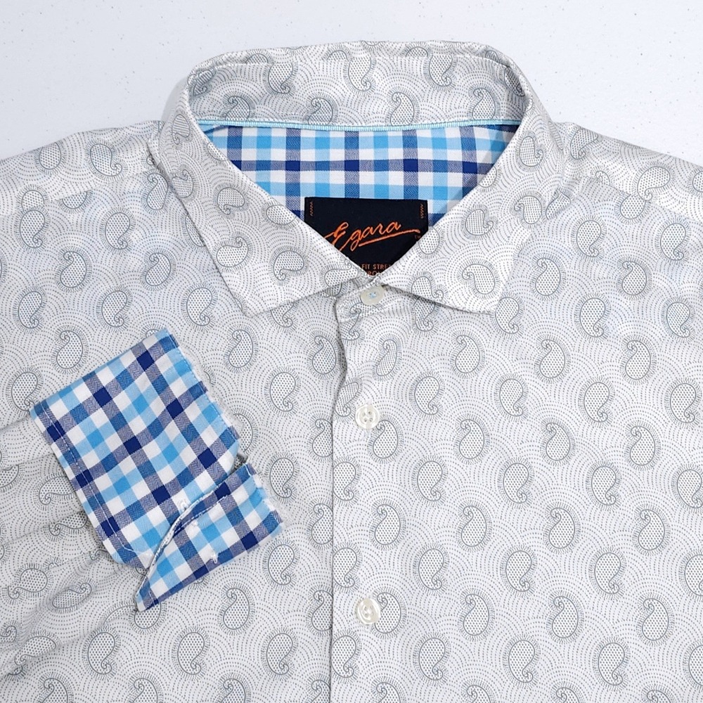 Egara Modern Fit Stretch Non Iron Button Down Shirt Mens Large White Paisley
